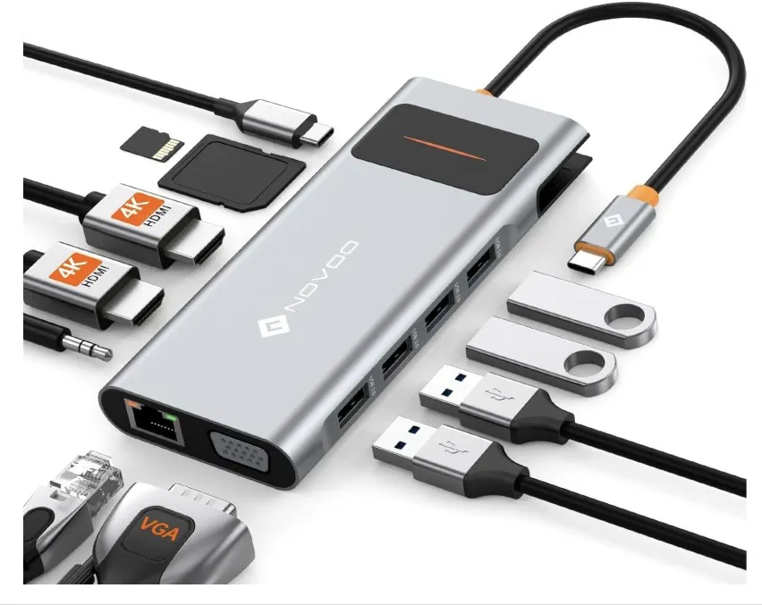 NOVOO USB C Docking Station Triple Display 13-in-1 USB C 4K @60Hz Dual HDMI USB C Hub VGA Adapter Gigabit Ethernet 100W PD, 4 USB-data-poorten, SD/TF, Audio/Mic USB C